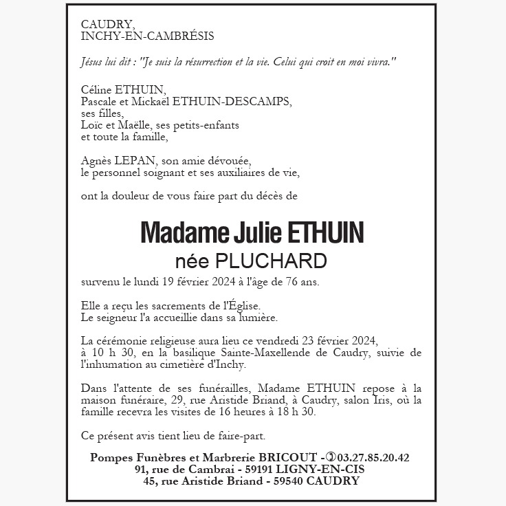 Espace hommage de Madame Julie Ethuin