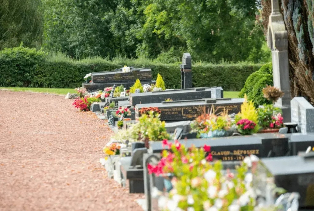 Alignement de monuments funéraires fleuris le long d’une allée de cimetière.