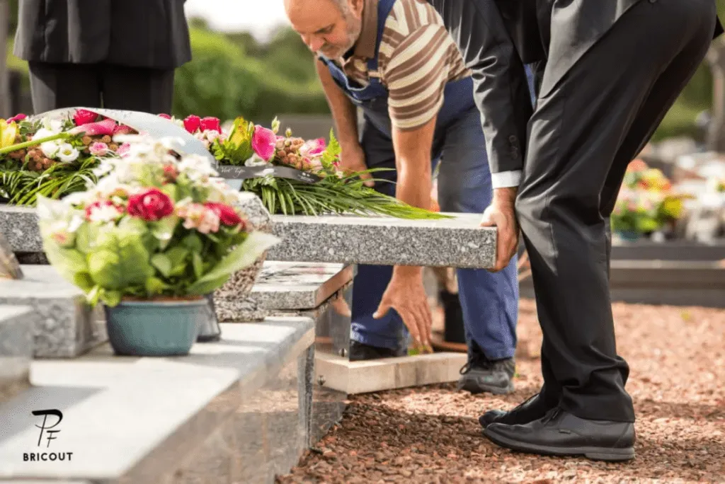 Équipe de marbriers funéraires posant délicatement la dalle en granit d'un monument orné de compositions florales.