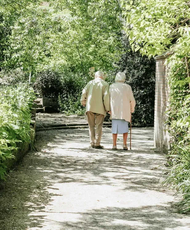 Couple senior se promenant main dans la main sur un chemin ombragé dans un parc verdoyant.